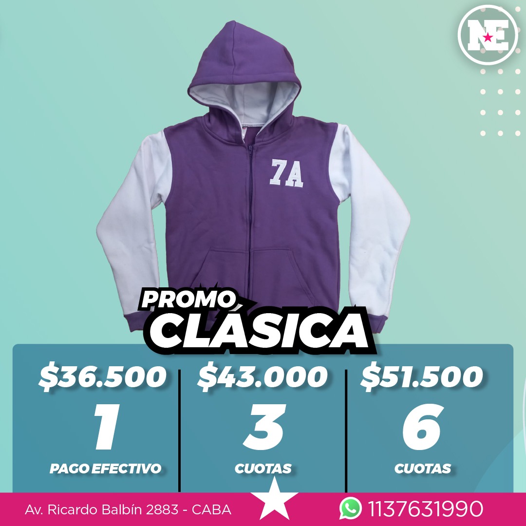 PROMO – CLASICA<br>Campera de algodón frisado, capucha forrada, 1 aplique al frente + 3 bordados en la espalda. Colores a elección.