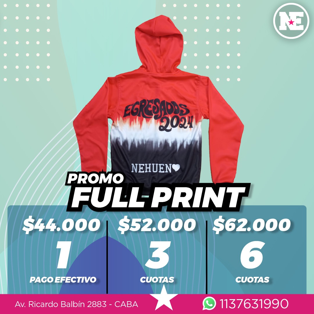 PROMO – FULL PRINT<br>Campera de acetato/deportivo frisado sublimada completa. Inscripciones sublimadas a elección + apodo bordado. Diseño a elección.