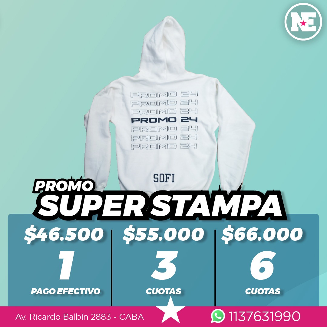 PROMO SUPER ESTAMPA<br>Buzo de algodón frisado con moldería especial en mangas para la estampa, capucha forrada, logo o nombre del colegio en serigrafía a 1 color en frente, palabra o frase en serigrafía a 1 color en espalda (tipografía, palabra y color a elección), apodo bordado