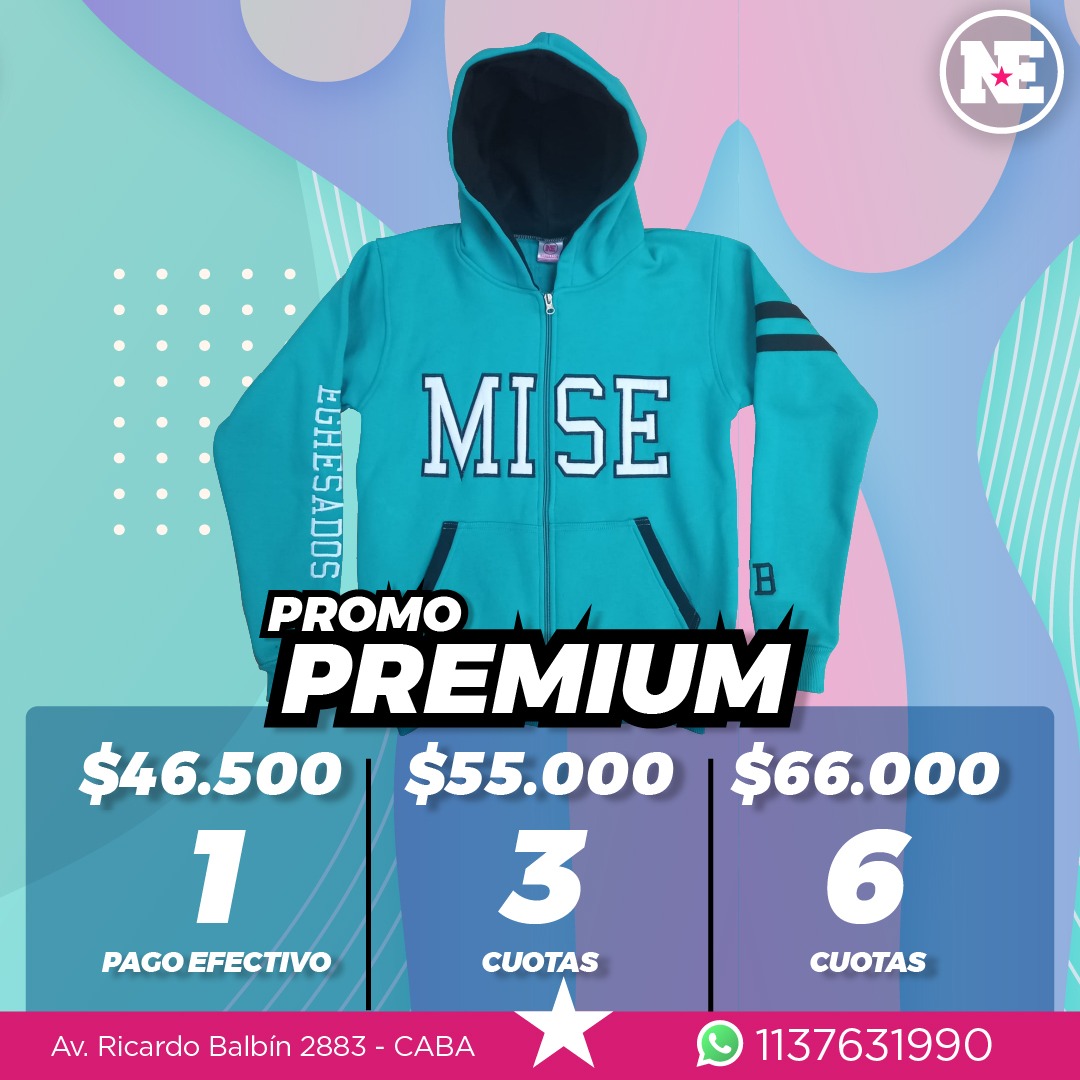 PROMO – PREMIUM<br>Campera de algodón frisado, capucha forrada + 2 apliques, 3 bordados y tiras en la manga. Colores a elección.