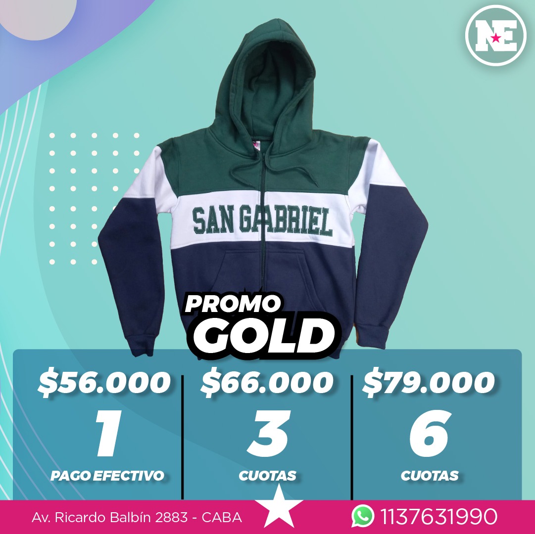 PROMO – GOLD<br>Campera de algodón frisado con recorte, capucha forrada + 2 apliques, 2 bordados, apodo bordado, diseño a elección.